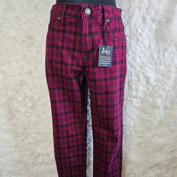Suko jeans Women's Burgundy Plaid Skinny Jeans Tartan Power Stretch Denim Size 8 - Picture 1 of 9